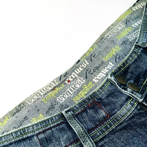 VINTAGE Request Jeans Mens 34X32 Embroidered Denim Distressed Y2K - Picture 8 of 12